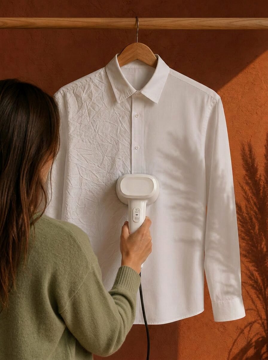 The Wrinklaway in use. Wrinkled shirt on the left, perfectly smooth shirt on the right
