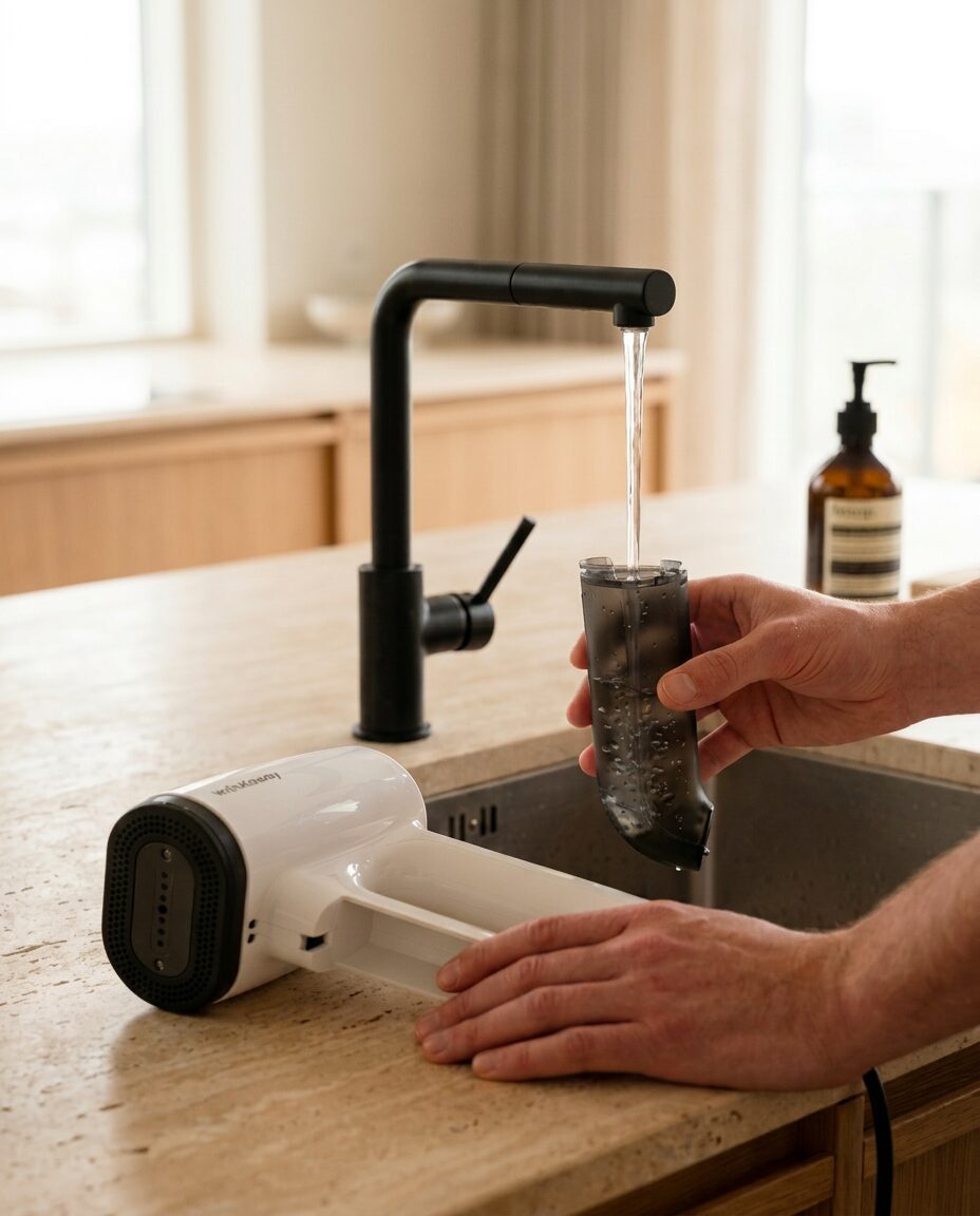Filling the Wrinklaway water chamber at the kitchen tap