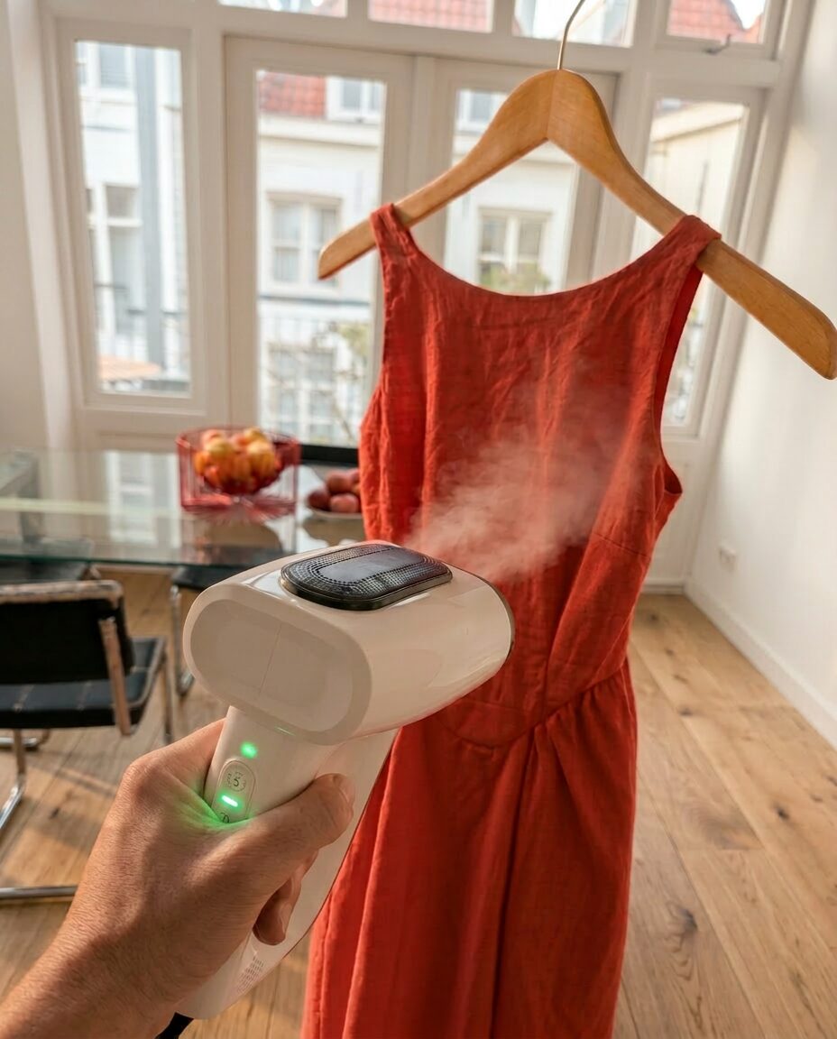 Steaming a hanging linen dress with the Wrinklaway