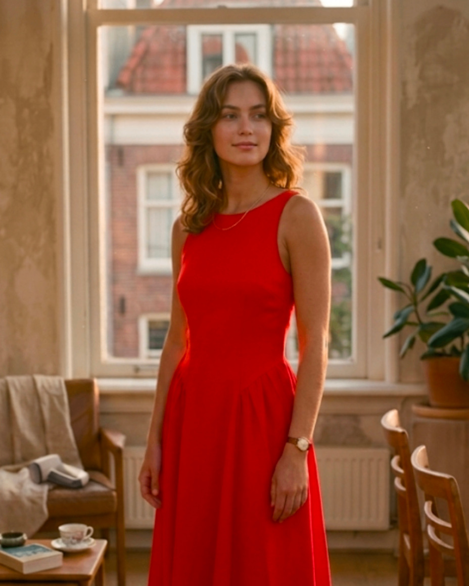 Woman in a smooth red dress standing by a window. Ready to step out